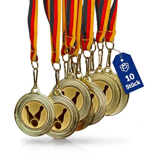 Pokal-Fabrik.de - Bowling-Medaillen 10er Set Metall - Bowlingmedaille golden zum Umhängen für Siegerehrungen - Medaillen Kinder mit Deutschlandband & Emblem für Vereine & Turniere