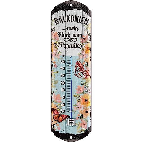 LANOLU Retro Blechschild BALKONIEN THERMOMETER LIEBLINGSPLATZ Schild Garten außen - Balkon Deko Garten Vintage Schilder aus Metall Wanddeko 8x28cm