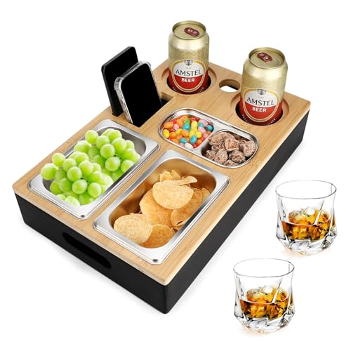 Auauraintt Sofa Tablett, Couchbar Snackbox, Mit Snackschalen Aus Edelstahl,mit Abnehmbarer Deckel, der perfekte Couch Organizer, für Wohnzimmer Sofa Restaurant Picknick Party