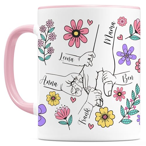 Muttertagsgeschenk Tasse Mama personalisiert mit Namen Sohn Tochter Mutter Geschenk zum Muttertag Kaffeebecher Blumen Kaffeetasse aus Keramik 330 ml (4 Kinder)