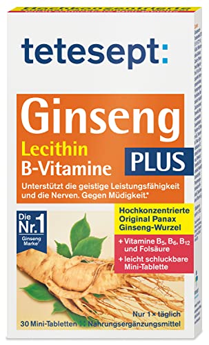 tetesept Ginseng plus Lecithin + B-Vitamine - Hochdosiert - Nahrungsergänzungsmittel zur Unterstützung der Nerven und Vitalisierung des Organismus dank B-Vitaminen - 1 x 30 Mini-Tabletten