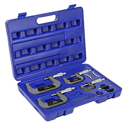 Wiltec Mikrometer Werkzeug Set, 0-100 mm Messbereich, 0,01 mm Messgenauigkeit, Werkzeugset Stahl mit 4 Bügelmessschrauben und Koffer