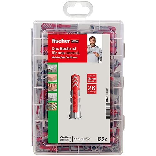 fischer Meister-Box DuoPower, Dübelbox mit 132 Dübeln (60 Stk. 6 x 30, 60 Stk. 8 x 40, 12 Stk. 10 x 50), Universaldübel, praktisches Set, Dübelkiste für Heimwerker & Profis, ohne Schrauben