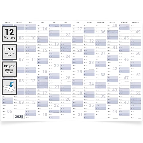 Gigatime ® Din B1 Wandkalender 2025, Jahresplaner 100 x 70 cm Kalender 2025 in deutscher Sprache, gefalteter Wandplaner, Jahreskalender, Kalender, Poster Plakat