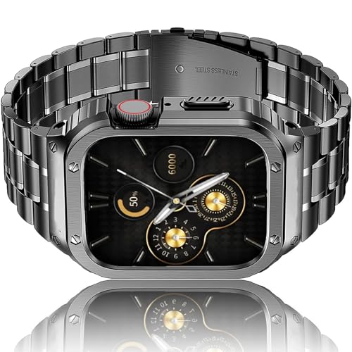 HASLFM Edelstahl Uhrengehäuse mit Armband Kompatibel für Apple Watch Bands Series 6/5/4/SE/3/2/1(44mm/42mm), Robustes iWatch Band und Metall Schutzhülle für Männer Grau