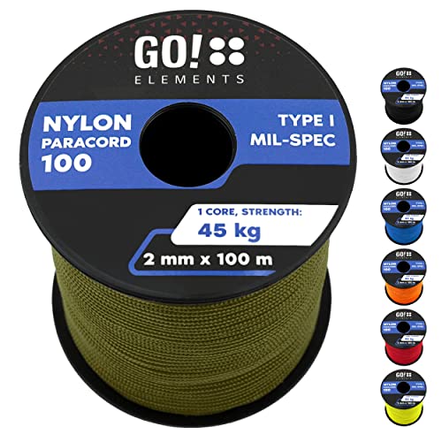 GO!elements 100m Paracord 2mm Seil aus reißfester Nylonschnur - Paracord 100 Typ I Survival Schnur - Reißfest bis 45kg - geeignet als Allzweckseil, Reepschnur, Kordel, Maurerschnur, Farbe: Olive