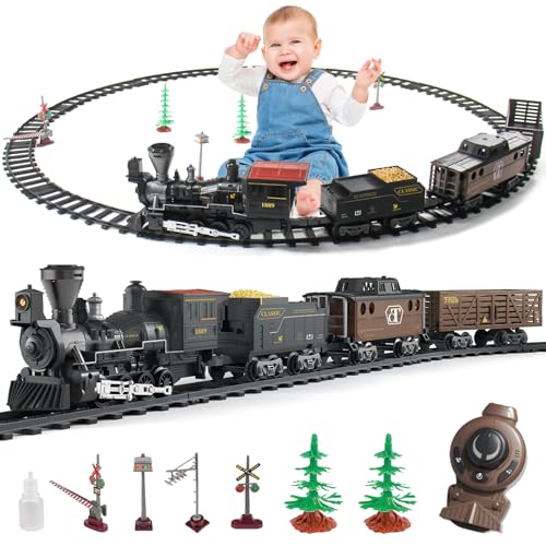 fisca Elektrischer Zug Set für Kinder, Eisenbahn Schienen Zug Spielzeug Set mit Dampflokomotive, 3 Güterzüge, Geräusche & Licht & Wasserspray