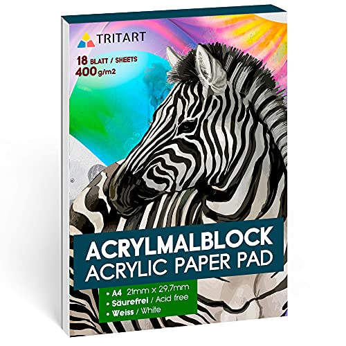 Tritart Acryl-Papier A4 400g/m² I Malblock für Acrylfarben 18 Blatt weiß I hochwertiges Acryl Zeichenpapier säurefrei I schweres Malpapier für Acrylmalerei und Ölmalerei I kopfseitig geleimt