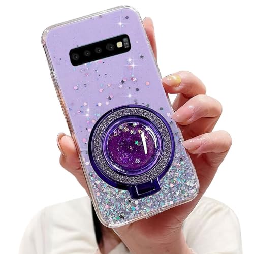 Tivenfezk Nadoli Sparkle Treibsand Ständer Hülle für Samsung Galaxy S10,Versteckt Ständer Ring Klar Glitzer Stern Handyhülle Durchsichtig Bling Schutzhülle Case Cover,Lila