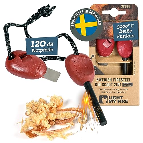 LIGHT MY FIRE Feuerstahl Outdoor Scout 2-in-1 mit Notfallpfeife, Feuerstahl Survival Gadget Feuerstein Feuerzeug, Ewiges Streichholz mit Bio-basierter Kunststoffgriff 3000 Zündungen