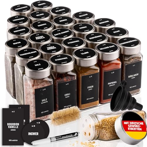 Deco haus® Gewürzgläser eckig luftdicht 24er Set [inkl. Etiketten & Streueinsatz] - Gewürzdosen Set Glas - Gewürzbehälter Spice Jars - Gewürze Aufbewahrung - Gewürz Organizer - Gewürzaufbewahrung