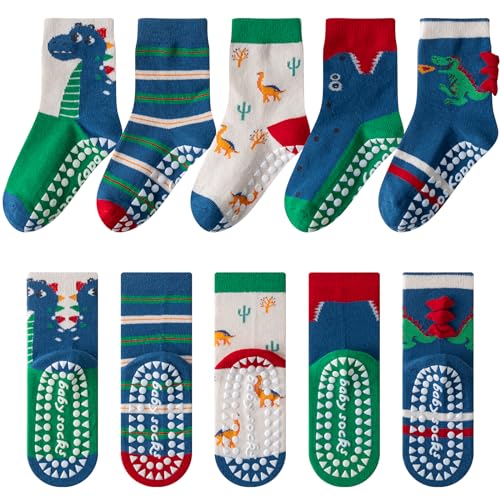 Kyopp 5 Paar Stoppersocken Kinder Baumwolle Socken Jungen Mädchen ABS Anti Rutsch Socken Tiermotive 25-37EU（Dinosaurier S）