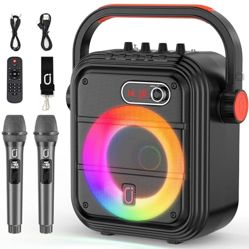 JYX Karaoke Maschine mit 2 kabellose Mikrofones, Tragbaren Bluetooth Lautsprecher mit RGB-Licht Unterstützt TF/USB, AUX,FM,REC,TWS, Karaoke Anlage für Karaoke, Party, PA-System für Erwachsene/Kinder