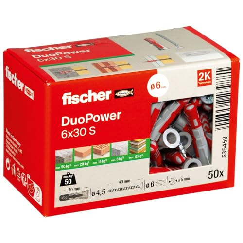 fischer DuoPower 6 x 30 S, Universaldübel mit Sicherheitsschraube, 2-Komponenten-Dübel, Kunststoffdübel zur Befestigung in Beton, Ziegeln, Stein, Gipskarton uvm., 50 Dübel + 50 Schrauben