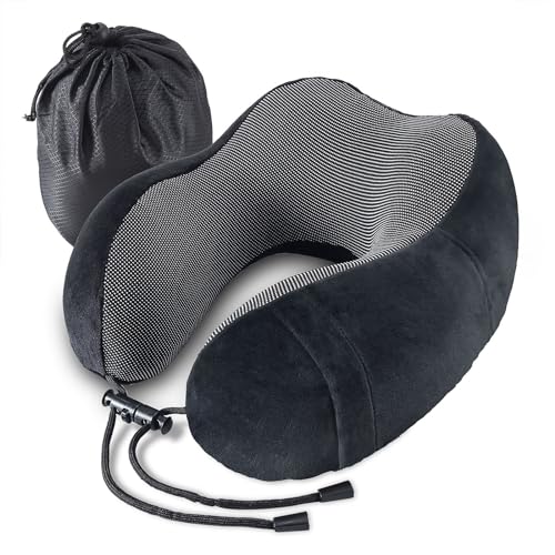 Emwel Nackenkissen Flugzeug, Reisekissen Memory Foam, Ergonomisch Gestaltetes Nackenhörnchen, Nackenkissen Reise, Reise Gadgets,Ideal für Reisen, Flugzeug, Auto, Büro-Black