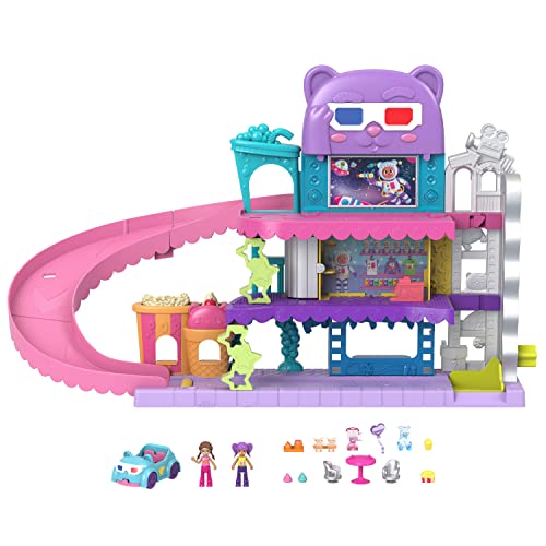 Polly Pocket Pollyville Drive-In-Kino - 2 Puppen, 1 Spielzeugauto, 11 Zubehörteile, 3 Stockwerke, Aufzug, Leinwand, Bodenwelle, Toiletten, Snack-Stand, für Kinder ab 4 Jahren, HPV39