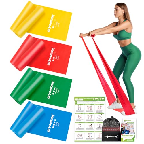 GYMERK Fitnessbänder Set 4er, 1.8M Fitnessband, 4 Widerstandsstufen mit Übungsposter, Gymnastikband mit Tragetasche & Übungsanleitung, Ideal für Yoga, Pilates, Muskelaufbau, Physiotherapie