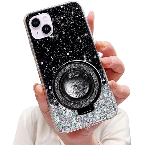 Tivenfezk Nadoli Sparkle Treibsand Ständer Hülle für iPhone 14,Versteckt Ständer Ring Klar Glitzer Stern Handyhülle Durchsichtig Bling Schutzhülle Case Cover,Schwarz