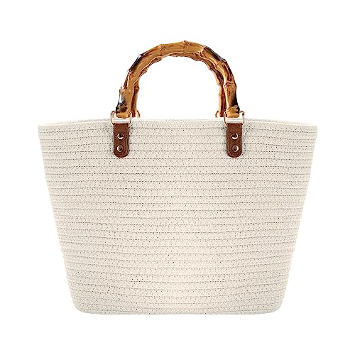 MengH-SHOP Handtasche Große Sommer Strandtasche Handgewebte Shopper Tasche mit Griff Frauen Henkeltasche für Damen Reisen und Urlaub, Beige