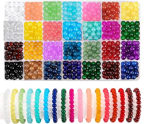 DIYDEC 504 Stück 8mm Bunte Glasperlen zum Basteln, 28 Farben runde Bunte Basteln Perlen Schmucksteine mit Loch für die Herstellung von Schmuck Armbänder DIY Handwerk