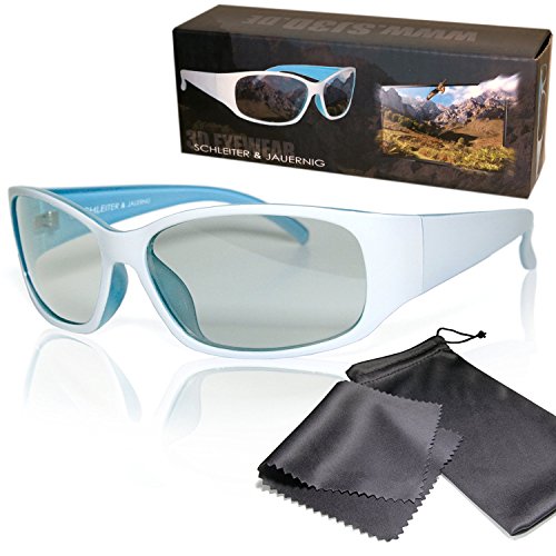 SJ3D Passive 3D Brille - sportlich geschnittene 3D Brille weiß/blau für sie oder ihn - Polfilterbrille zirkular polarisiert - Für RealD 3D Kino & TV: LG Cinema 3D Philips Easy 3D Telefunken Toshiba 3D Natural Vizio 3D und 3DTVs von SONY Grundig Panasonic 