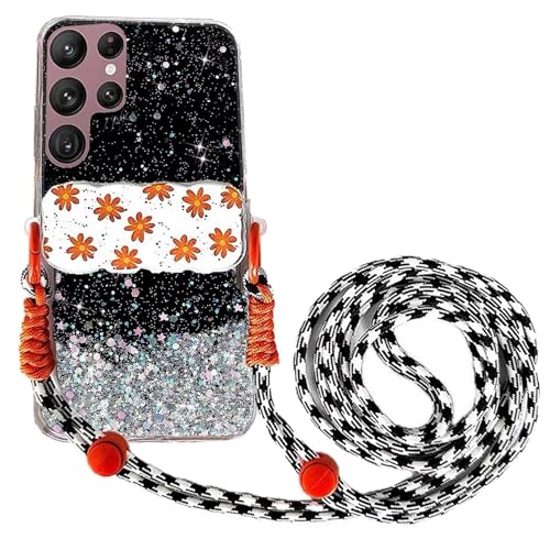 Rnrieyta Miagon Handykette Hüll für Samsung Galaxy S22 Ultra Glitzer Durchsichtig Case mit Universal Blume Telefon Clip Kordel zum Umhängen Handyanhänger Halsband Lanyard