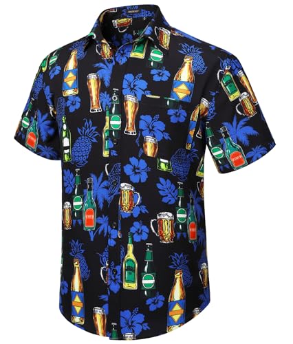 HISDERN Herren Funky Hawaiihemd Bierdruck Kurzarm Hawaii Hemd Sommer Urlaub Aloha Strand Tropisches Party Hemden für Männer,Blau,XL