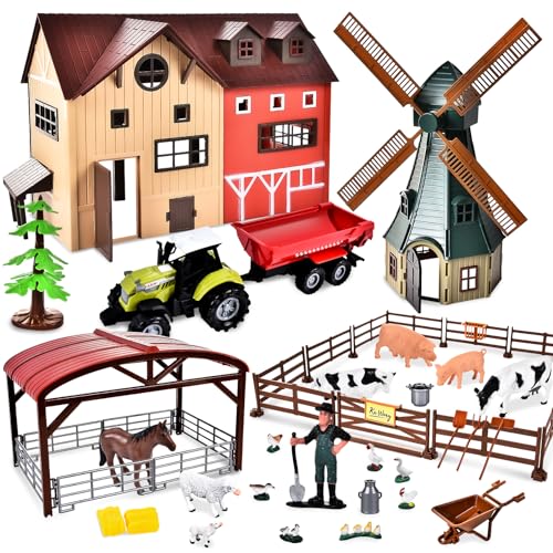 JONRRYIN Bauernhof Spielzeug Kinder, Bauernhof Figuren Spielset, Tierfiguren Set, Bauernhof Tiere Spielzeug mit Windmühle Haus Zaun Pferd Fahrzeuge Landwirt für 3-7 Jahre Kleinkinder Jungen Mädchen