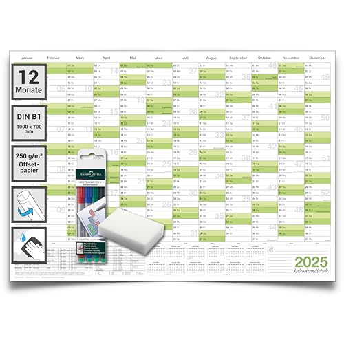 Kalenderoutlet ® Din B1 Wandkalender 2025 abwischbar XXL Jahresplaner 100x70 cm groß inklusive 4 Marker und Schwamm, feucht korrigierbar. Jahreskalender, Kalender 2025 in deutscher Sprache