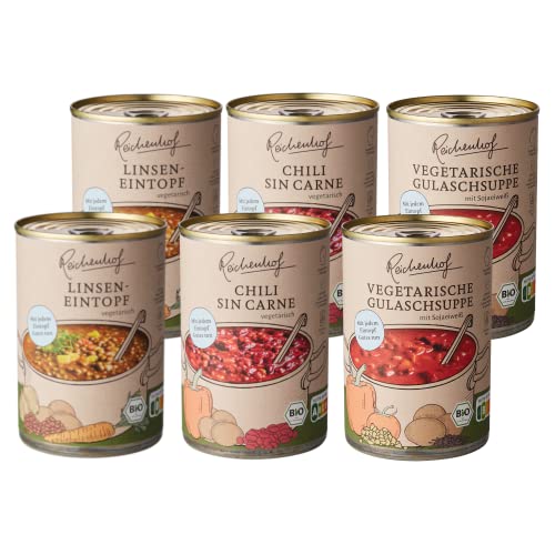 Reichenhof BIO-Eintöpfe 6er Box EASY VEGAN: Linsentopf(2X400g), Chili sin Carne(2X400g), Vegane Gulaschsuppe(2X380ml), 6er Pack