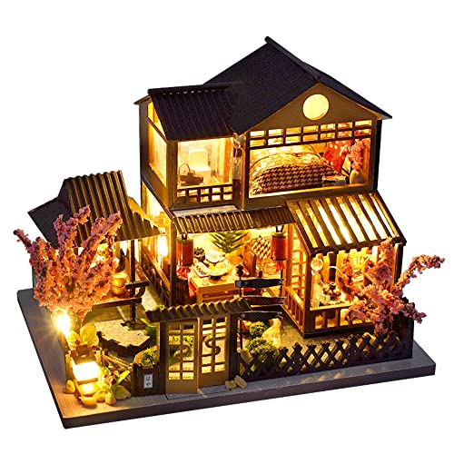 CUTEBEE Puppenhaus Miniatur mit Möbeln, Idee DIY hölzernes Miniatur Haus Kit mit LED-Licht, Maßstab 1:42 kreativer Raum (Japanese Garden House)…