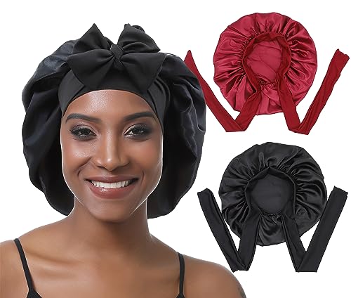 EBONNT 2 Stück Satin Bonnet Schlafhaube Verstellbare Silk Bonnet Seidenhaube Seide Locken Atmungsaktive Seide Schlafmütze Schlafen Weiche Satin Haube für Damen Mädchen (red&Black)