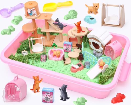 Tacobear Magic Sand, Tierpflege Spielzeug Magic Sand Koffer mit 1kg Knetsand, Katzenfiguren Miniatur Katzenhaus Möbel, 8 Sandform & 5 Sandwerkzeug, Sensorisch Sandspielzeug Zaubersand Geschenk Kinder