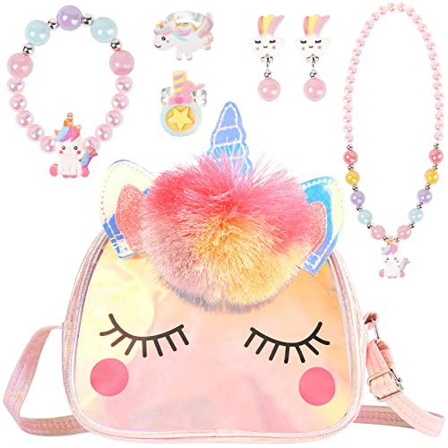 OSDUE Einhorn Handtaschen, Schmuckset für Mädchen, Unicorn Kette Halskette Armband Ring Schmuckset, für Party Dress Up Geschenk