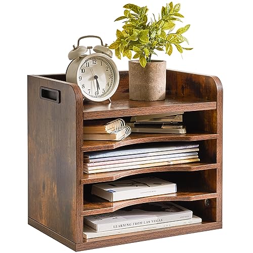 YMYNY Schreibtisch Organizer aus Holz, Dokumentenablage, A4, Aktenmagazinhalter Bücher, Sammler, mit 5 Fächer, 3 verstellbaren Ordnerregale, für School, Büro Rustic Brown HBC006H