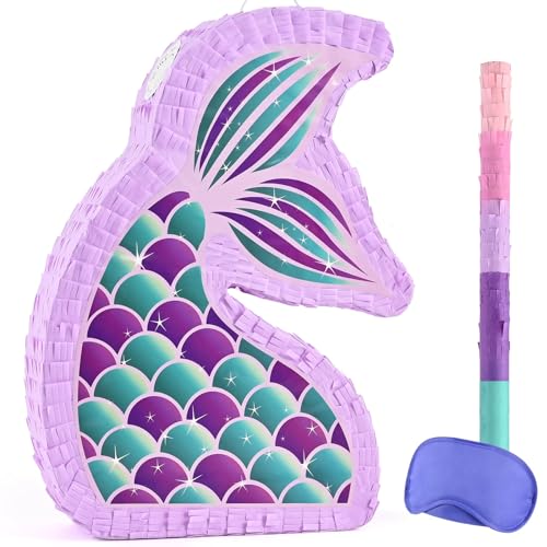 WERNNSAI Meerjungfrau Pinata-Meerjungfrau Party Zubehör Piñiata mit Augenbinde und Schlagstock für Mädchen Kinder Ozean Themen Geburtstags Party Spiel Karnevalsaktivitäten Dekorationen 42 x 30 x 7.6cm