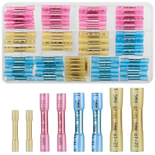 QOOSIKICC 100 Stück10-26 AWG Schrumpfverbinder, Wasserdichte Kabelverbinder Quetschverbinder Set, Stoßverbinder Kabelschuhe, Lötverbinder Sortiment Set - Gelb, Rosa, Blau