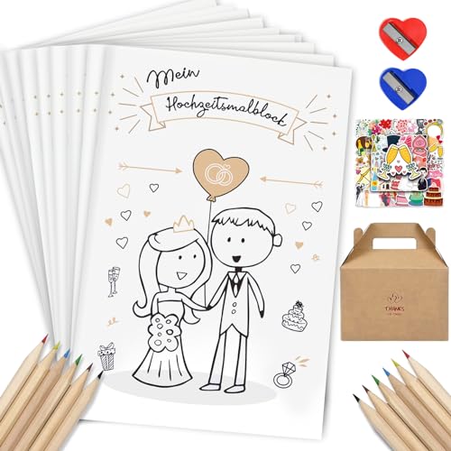 JONRRYIN Hochzeitsmalbuch Kinder, Malbuch Hochzeit 10er Set, Ausmalbuch Hochzeit mit Buntstiften & Aufkleber, Kindermalbuch Hochzeit Kinder Beschäftigung Spiele, Gastgeschenke Hochzeit für Kinder