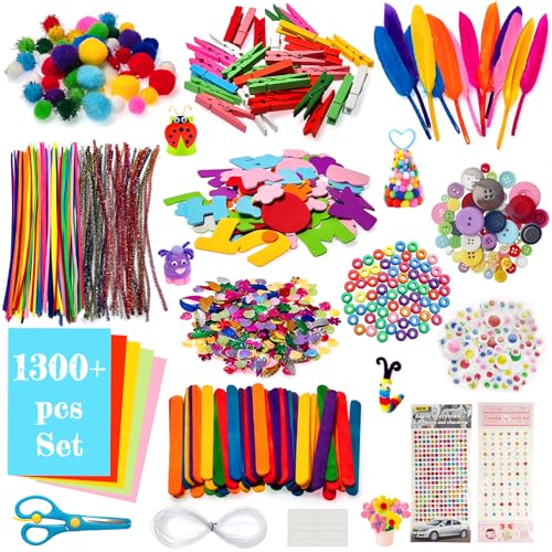 Baozun Bastelset Kinder 1300+ Stück DIY Handwerk Dekorationen Basteln Zum Deko Bastelbedarf with Pfeifenreiniger Bunt,Pompons,Kulleraugen,Federn Bastel Set