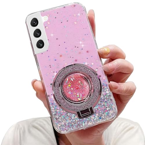 Tivenfezk Nadoli Sparkle Treibsand Ständer Hülle für Samsung Galaxy S22 Plus,Versteckt Ständer Ring Klar Glitzer Stern Handyhülle Durchsichtig Bling Schutzhülle Case Cover,Rosa