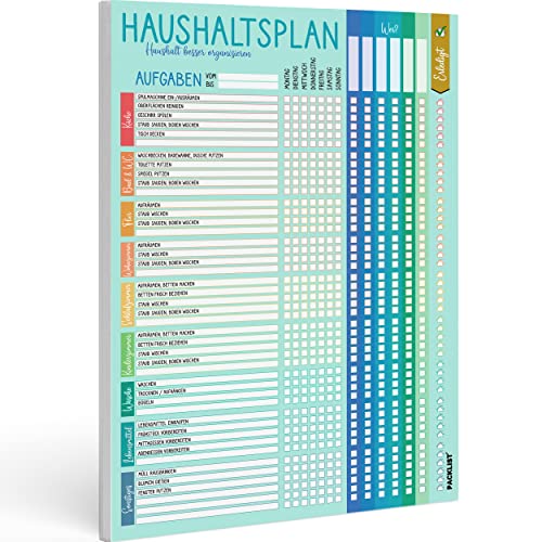 PACKLIST® Haushaltsplan Putzplan für Familien mit Kindern oder WG mit Aufgaben - Haushaltsplaner A4 - Putzplan für den Haushalt, Putzkalender