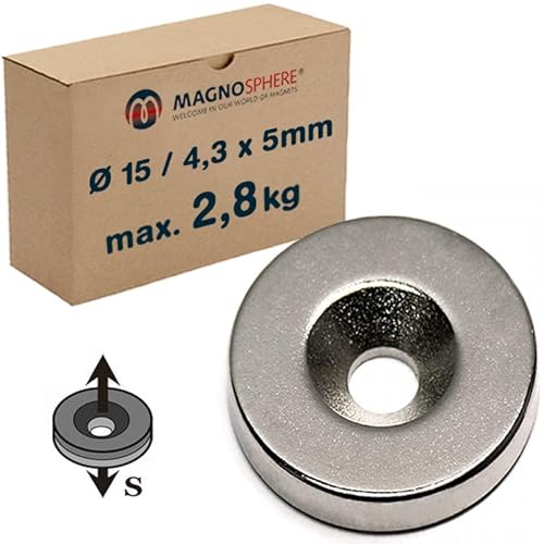 10 x Ringmagnet mit Senkung Ø 15 x Ø 4,3 x 5mm Neodym N35 - Süd - Haftkraft 2,8 kg - 10 Stück - starke Scheiben-Magnete mit Bohrung und Senkung (Senkbohrung) für Industrie und Zuhause