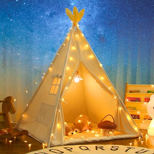 LIONHERZ® Tipi Zelt für Kinder aus 100% Baumwolle mit Kuschelmatte,Tragetasche und Federschmuck [Stabil] Tippi Kinderzelt Teepee Spielzelt (Cremeweiß)