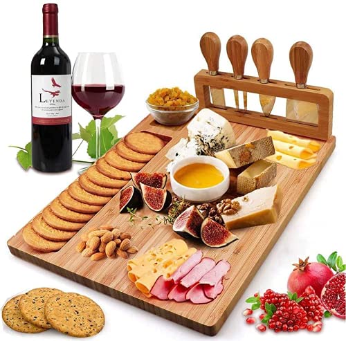 Tuevob Bambus Käsebrett mit Käsemesser Set Käseplatten Käsebretter Servierplatte Servierbrett Geschenk für Party-Geburtstag, Weihnachts-Thanksgiving-Tag Cheese Board Charcuterie Board