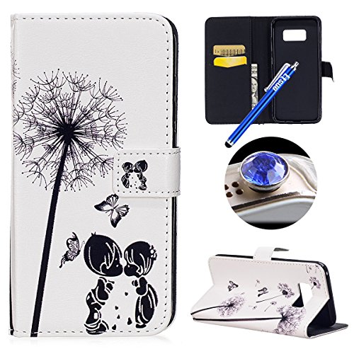 Etsue Kompatibel mit Samsung Galaxy S8 Handyhülle Brieftasche Hülle Lederhülle BUNT Handytasche Leder Flip Vintage Wallet Case Cover Ledertasche Kartenfach Magnetverschluss,Löwenzahn Blume Kinder