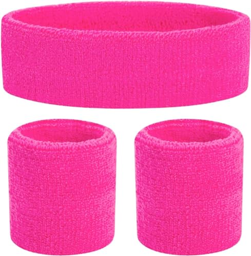 Kostümheld® 3 in 1 Schweißband pink Set mit Stirnband - als Accessoire Vokuhila Kostüm zu Retro neon 80er 90er Outfit Fasching & Karneval