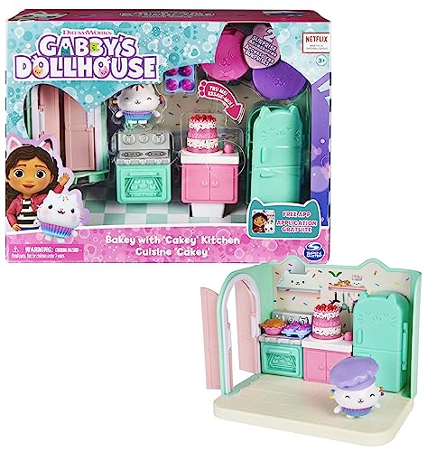 Gabby‘s Dollhouse Deluxe Raum, Bakey with Cakey, Küche mit Kuchi (engl. Cakey), 3 Möbelstücken und 2 Überraschungsboxen mit Zubehörteilen, geeignet für Kinder ab 3 Jahren