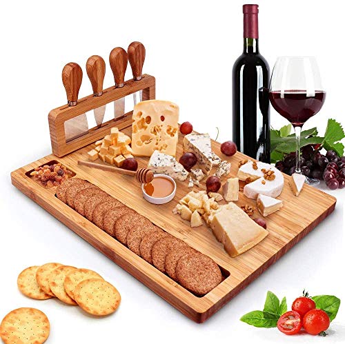 Bambus Käsebrett Käsemesser Set Charcuterie Platte und Servierbrett, Holz Servierplatte, Geschenk für Weihnachten Hochzeit Geburtstag