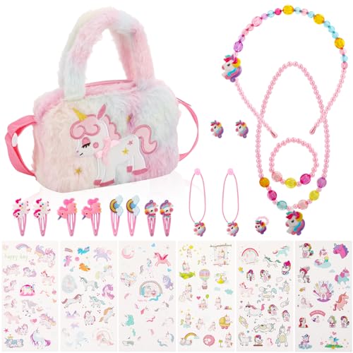 Newofview Einhorn Handtasche Schmuckset Für Mädchen,Inhörnern Kinderschmuck Halskette, Handtasche, Mädchen Armband, Ring, Haarspange, Einhorn Kleines Mädchen Rollenspiel Geburtstagsgeschenk