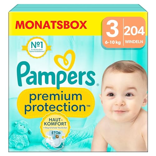 Pampers Baby Windeln Größe 3 (6-10kg) Premium Protection, Midi, MONATSBOX, bester Komfort und Schutz für empfindliche Haut, 204 Stück